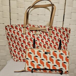 Kate Spade Francis Toucan Multi Linen/jute White & Red Tote With Matching Wallet